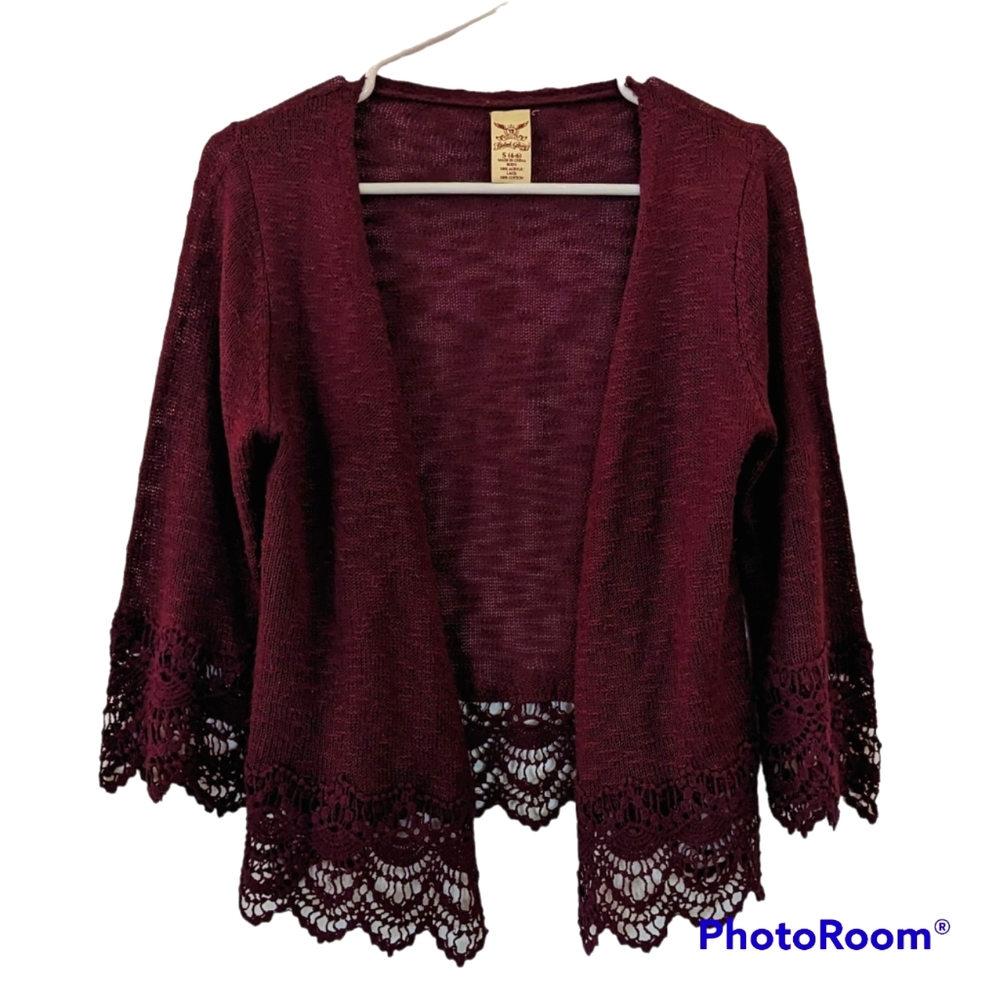 Faded Glory Open Cardigan Women's Sz Small Purple Maroon Crochet Lace Bottom